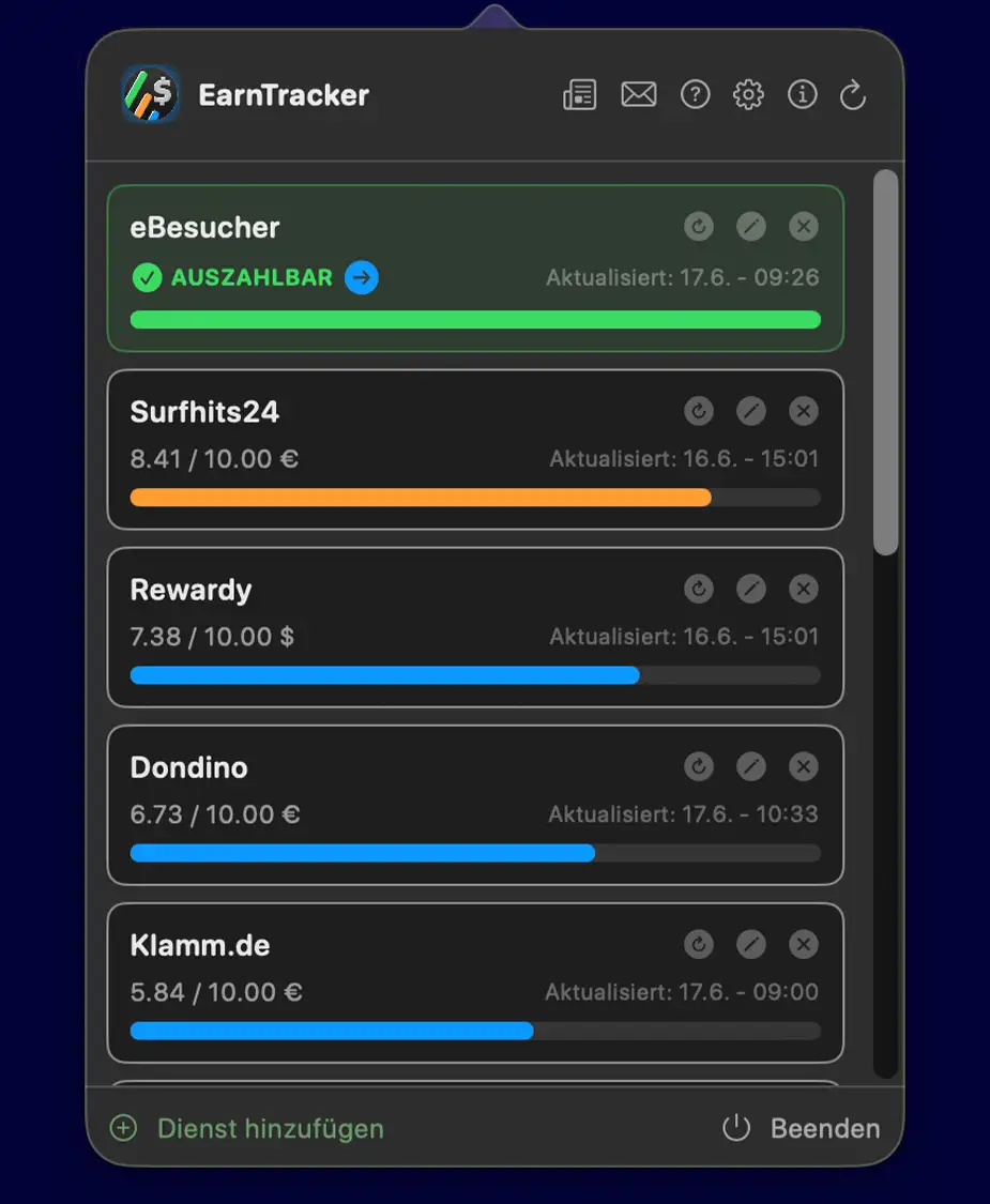 EarnTracker Hauptfenster mit allen Diensten